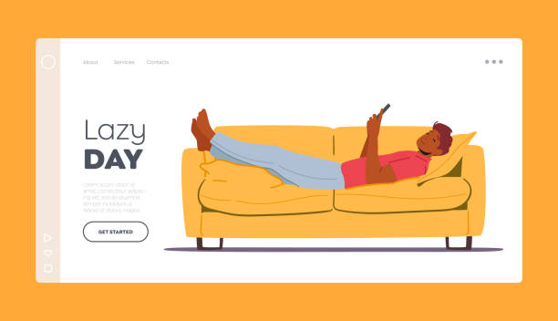 Lazy Day Landing Page Template. Young Man Using Phone Lying on Couch at Home, Relaxing With Smartphone Lazy Day Landing Page Template. Young Man Using Phone Lying on Couch at Home, Relaxing With Smartphone, Person Wasting Time, Adult Character Chatting With Friends. Cartoon People Vector Illustration bored teen stock illustrations