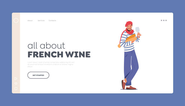 ilustrações de stock, clip art, desenhos animados e ícones de all about french wine landing page template. french man in striped t-shirt with red scarf, wineglass and baguette - wineglass wine glass red wine