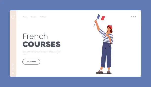 Vector illustration of French Courses Landing Page Template. Typical French Woman in Red Beret and Striped T-Shirt Hold France Flag in Hands