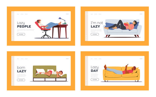 Lazy Characters Relaxing during Weekend at Home Landing Page Template Set. People Surfing Internet, Eating Junk Food Lazy Characters Relaxing during Weekend at Home Landing Page Template Set. People Surfing Internet, Eating Junk Food. Recreation, Having Rest, Procrastination Concept. Cartoon Vector Illustration bored teen stock illustrations