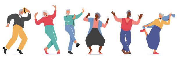 Old Men and Women Dance Isolated on White Background. Senior Pensioners in Fashioned Clothes Dancing, Relaxing Old Men and Women Dance Isolated on White Background. Senior Pensioners in Fashioned Clothes Dancing, Relaxing on Party. Elderly Characters Leisure or Active Hobby. Cartoon People Vector Illustration old people dancing stock illustrations