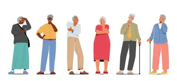 Vector illustration of Set of Senior Characters Thinking, Forgetful Elderly People with Alzheimer Disease. Grandfather, Grandmother Forget