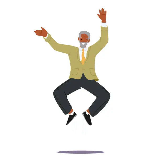 Vector illustration of Adult Bearded Man in Casual Clothes Jumping. Happy Senior Male Character Wearing Green Jacket and Black Pants Rejoice