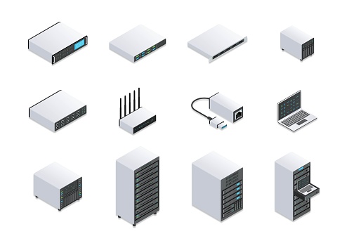 Server equipment abstract concept set. Stickers with laptop, flash card, router, database and disk drive. Design elements for network. Cartoon isometric vector collection isolated on white background