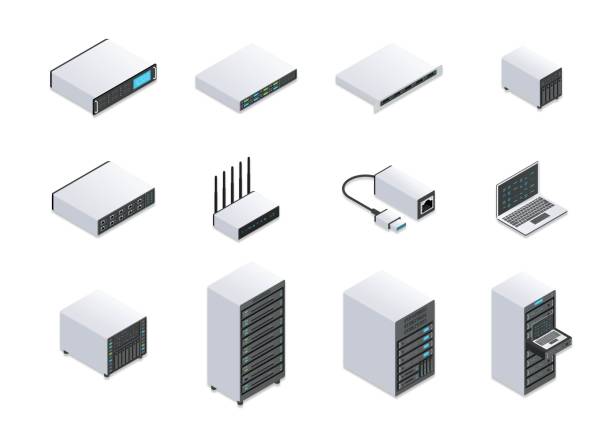 Server equipment abstract concept set Server equipment abstract concept set. Stickers with laptop, flash card, router, database and disk drive. Design elements for network. Cartoon isometric vector collection isolated on white background router stock illustrations