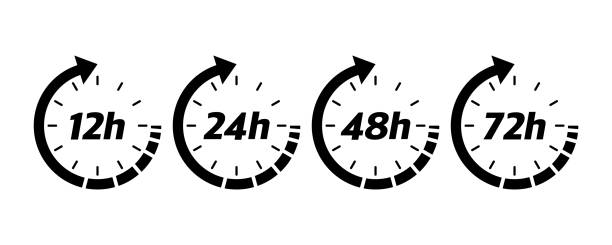 стрелка часов 12, 24, 48 и 72 часа. векторный эффект времени работы или значки времени службы доставки. векторная иллюстрация - open time clock 24 hrs stock illustrations