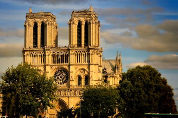 パリの羽の雲のノートルダム大聖堂は、青い空の正面の景色 - paris france notre dame night ile de la cite ストックフォトと画像