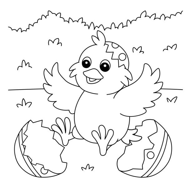 Chick Pop Out In Easter Egg Coloring Page A cute and funny coloring page of a chick pop out in easter egg. Provides hours of coloring fun for children. To color, this page is very easy. Suitable for little kids and toddlers. easter egg coloring stock illustrations