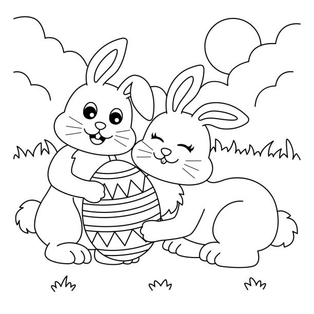 Rabbit With Friend Holding Easter Egg Coloring A cute and funny coloring page of a rabbit with a friend holding an easter egg. Provides hours of coloring fun for children. To color, this page is very easy. Suitable for little kids and toddlers. coloring book stock illustrations