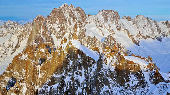 Aerial landscape of mountain Chamonix at sunset, Observation Deck 3842 meters, Mont Blanc, point of view. High quality photo