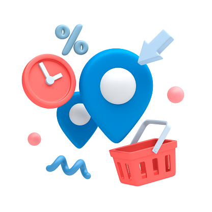 Blue map pointers, red clock, shopping basket and  percent sign. 3d illustration