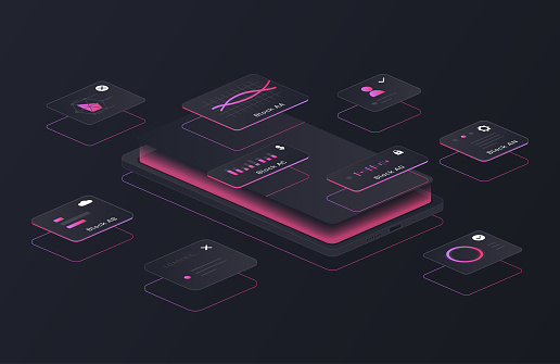 UX design abstract concept. Comfortable user interface with applications, programs and tools. Large smartphone with screen. Modern technologies. Cartoon isometric vector illustration in digital style