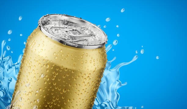 istock Beer can with drops and aqua splash on blue background. Illustration. 1369414458