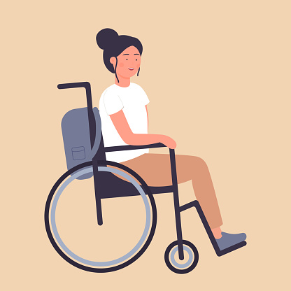 Smiling happy disabled girl in wheelchair. Attractive handicapped lady in medical chair cartoon vector illustration