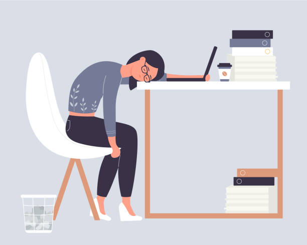 Exhausted girl sleeping on working office table Exhausted girl sleeping on working office table. Professional burning out and overtime job cartoon vector illustration bored children stock illustrations