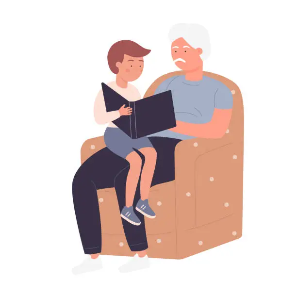 Vector illustration of Grandfather with his grandson reading book in cozy armchair