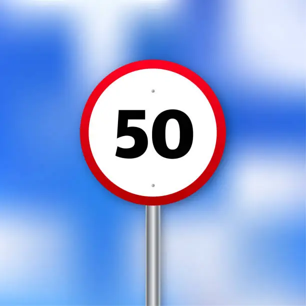 Vector illustration of Miles road sign with 50 for web design. Black background. Vector background