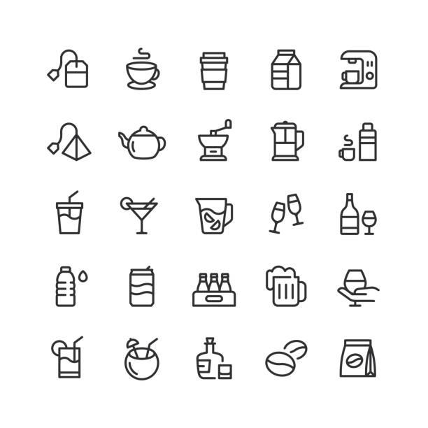 ilustraciones, imágenes clip art, dibujos animados e iconos de stock de iconos de línea de bebida trazo editable - wineglass symbol coffee cup cocktail