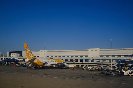 Airplane of Scoot company  in airport of Athens, Greece on  September 4, 2021