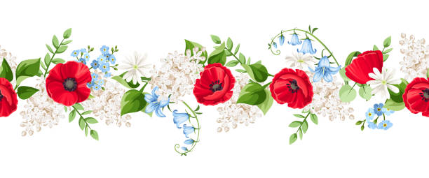 ilustrações, clipart, desenhos animados e ícones de borda horizontal perfeita com flores vermelhas, azuis e brancas. ilustração vetorial - campanula flower design ornamental garden