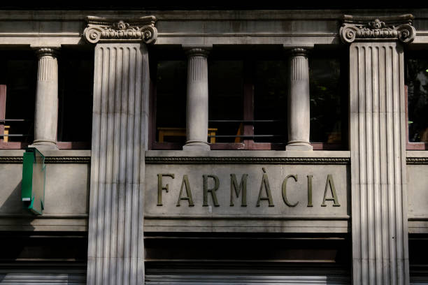 Exterior view of pharmacy in Barcelona, Spain on October 3, 2021