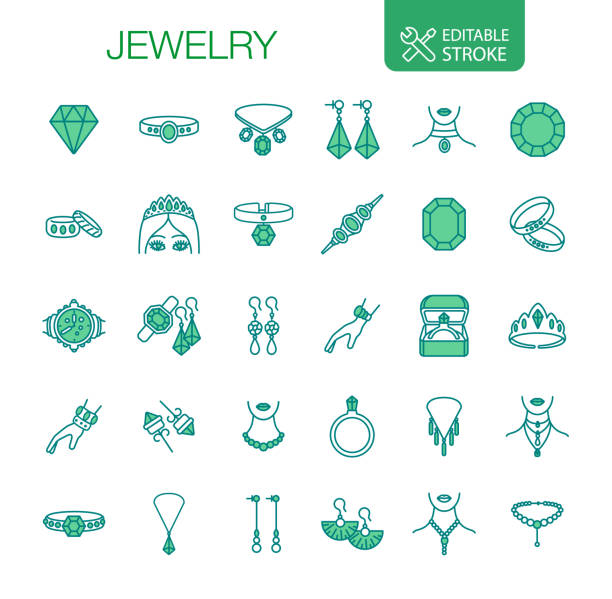 Jewelry Line Icons Set Editable Stroke Jewelry icons set. Earrings, accessories, necklace, bracelets, crowns. Editable Stroke. Vector illustration. wristband illustrations stock illustrations