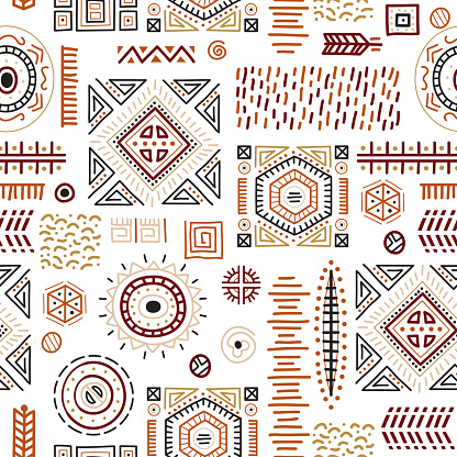 Colorful African art decoration tribal geometric shapes seamless background. Colored pattern flat vector boho symbols illustrations. Ancient indian shapes and animal print doodles.