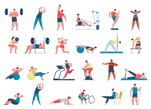 People exercise in gym. Female and male characters leading healthy lifestyle. Men training with barbell, weight, running on treadmill. Women doing yoga, woking out with dumbbells vector set