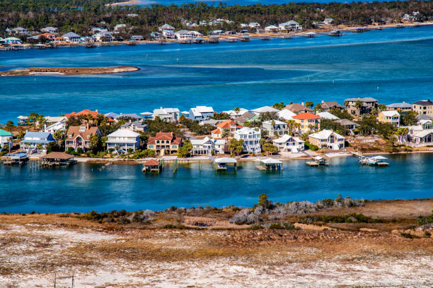 Alabama Coast Residential Development Aerial A group of high-end luxury beach homes along the coast near the state line between Alabama and Florida in Orange Beach, Alabama.  This beautiful neighborhood was shot from an altitude of about 500 feet during a helicopter photo flight. alabama us state stock pictures, royalty-free photos & images