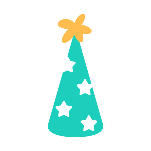 Birthday hat flat icon with stars yellow cap on white background. Green festive party element design for birthday greeting cards banner invitation. Festival celebration sign. Color vector illustration Birthday hat flat icon with stars yellow cap on white background. Green festive party element design for birthday greeting cards banner invitation. Festival celebration sign. Color vector illustration party hat stock illustrations