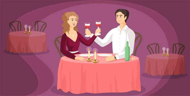 ilustraciones, imágenes clip art, dibujos animados e iconos de stock de cena romántica en una ilustración de concepto de restaurante. pareja tomando copas de vino en un ambiente de vacaciones sentado junto a la mesa, celebrando, a la luz de las velas, ambiente de restaurante en el fondo. - dining table illustrations