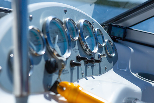 Close up of speed boat dashboard