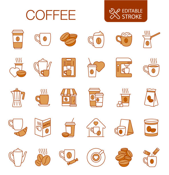 ilustrações de stock, clip art, desenhos animados e ícones de coffee icons set editable stroke - steam black coffee heat drink