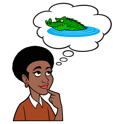 A cartoon illustration of a Black Woman thinking about an Alligator in the wild.
