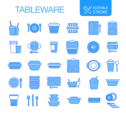 Disposable tableware icons set. Editable stroke. Vector illustration.

You can find more unique icon sets at the link: https://www.istockphoto.com/collaboration/boards/qUfvBxVnEU64XaERvnM_Fw