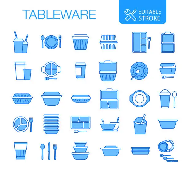 Vector illustration of Disposable Tableware Icons Set Editable Stroke