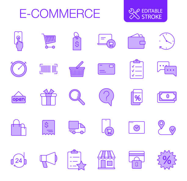 ilustraciones, imágenes clip art, dibujos animados e iconos de stock de conjunto de iconos de comercio electrónico, trazo editable - e comerce