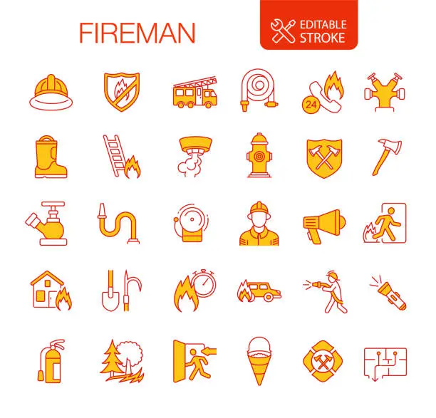 Vector illustration of Fireman Firefighter icons set Editable Stroke