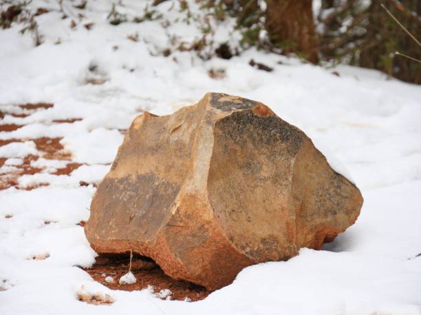 istock Big rock in a backyard surrounded by fresh snow on the ground 1369431583