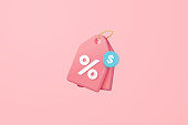 online shopping tag price 3d vector, discount coupon of cash for future use. sales with an excellent offer 3d for shopping online, Special offer promotion on price tags on purple background