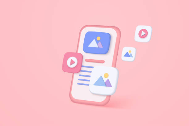 istock 3D vector minimal social media with video and photo gallery on mobile application and mobile web design, user interface optimization for banner and website. Image 3d vector on pink background 1369431923