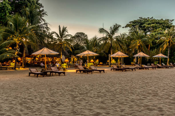 밤에일광욕침대가 있는 발리 해변과 레스토랑에서 휴식을 취하는 사람들 - sanur 뉴스 사진 이미지