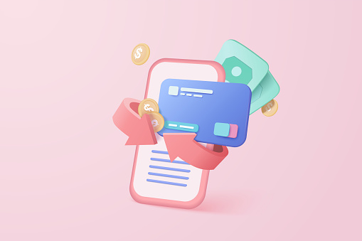 3D vector cashback money refund with credit card. money holding wallet on mobile application, online payment and money saving concept on background. 3d cashback credit card for business bank