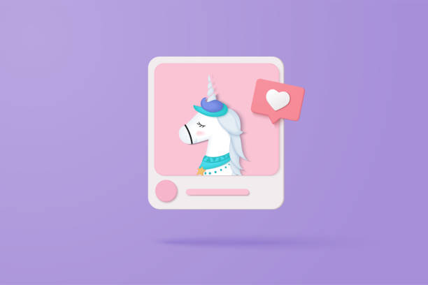 istock 3D Social media online platform concept, online social communication on applications, Photo frame with unicorn and love emoji icon, like and play in red bubble 3d icons. 3d vector concept 1369432518