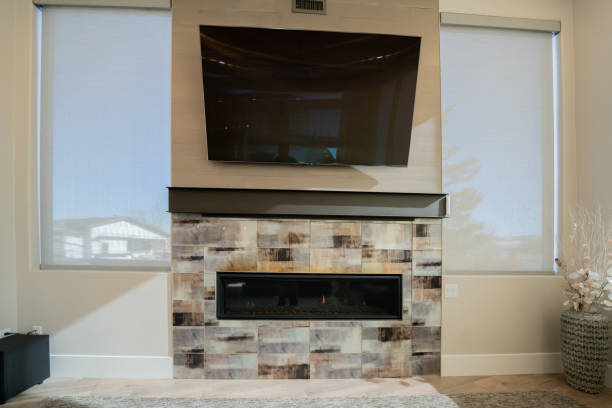 istock Modern Open Concept New Executive Home Interior Living Room with Gas Fireplace 1369432928