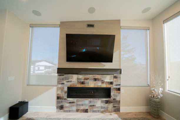istock Modern Open Concept New Executive Home Interior Living Room with Gas Fireplace 1369432934