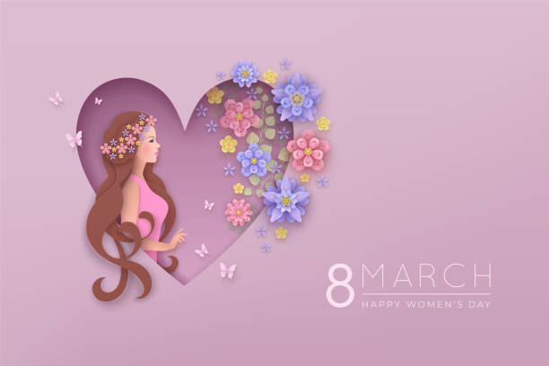 istock Women's day greeting card with woman and flowers 1369436464