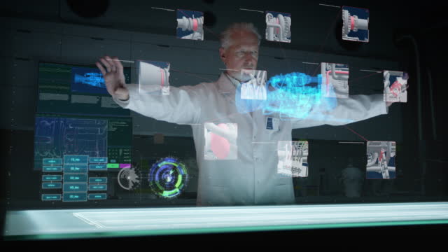 Futuristic Laboratory with mature scientist. Holographic, three dimensional jet engine model.