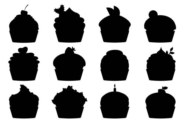 Pastries muffin black silhouette line muffin set Muffin sweet silhouette collections decorated with cherry, blackberry and mint, candle, lemon, cookie, strawberry. Cupcakes with cream and chocolate set. Pastries sprinkled with tasty crumbs.Vector bakery silhouettes stock illustrations