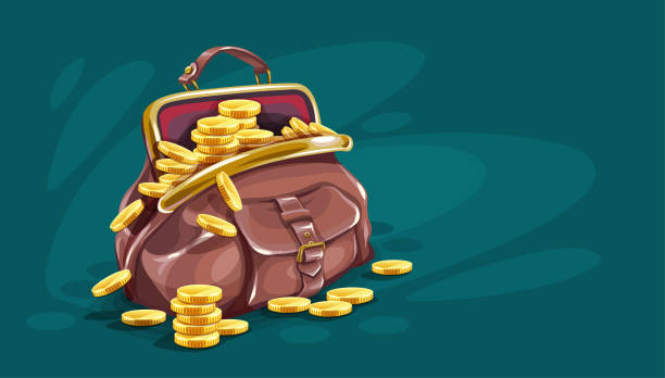 Retro purse bag open full with gold coins inside. Vector illustration. Retro purse. Bag with handle. Open full bag with gold coins inside. Cartoon stock graphics. Eps10 vector illustration. banknote euro close up stock illustrations